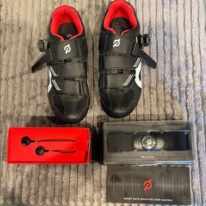 Peloton Black and Red Cycling Shoes with  heart monitor and earbuds.  Unisex